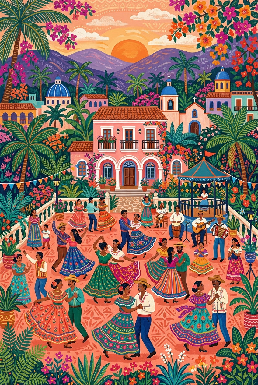 Affiche de fête mexicaine, poster danse village
