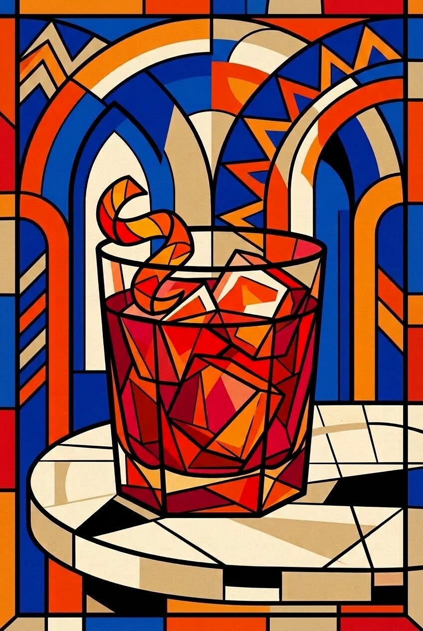 Affiche du cocktail Negroni, poster style vitrail
