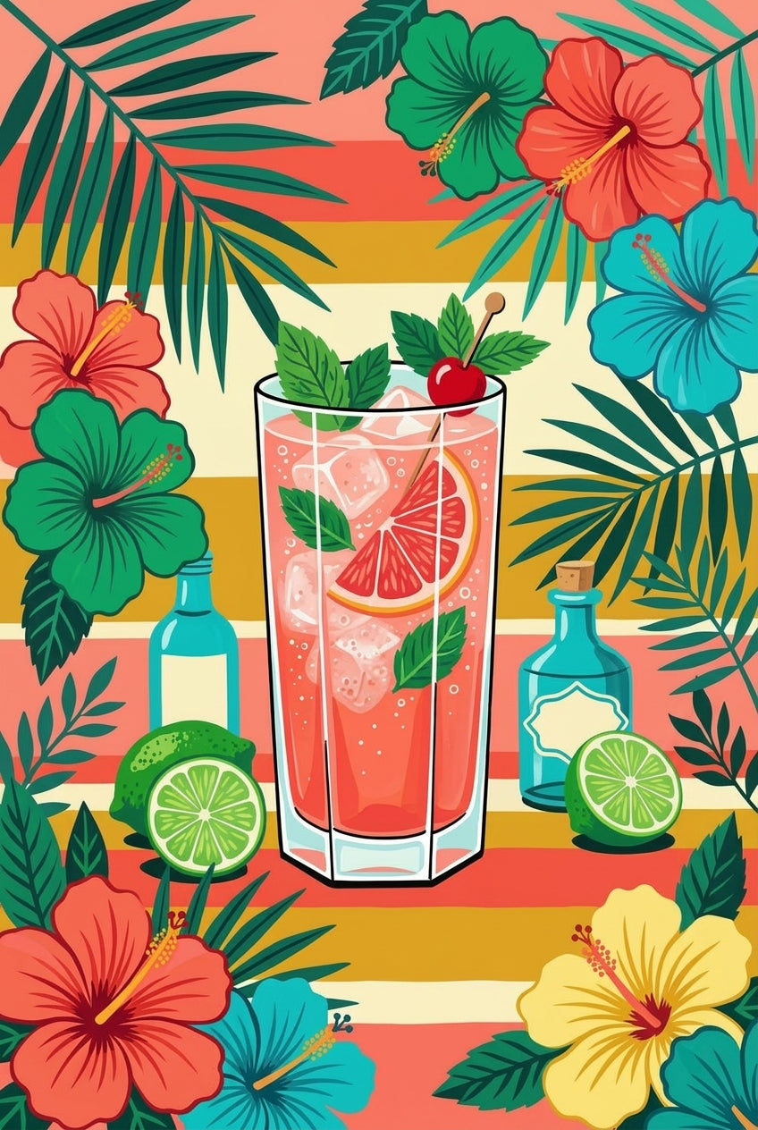Affiche d'un cocktail tropical, poster fleurs hibiscus