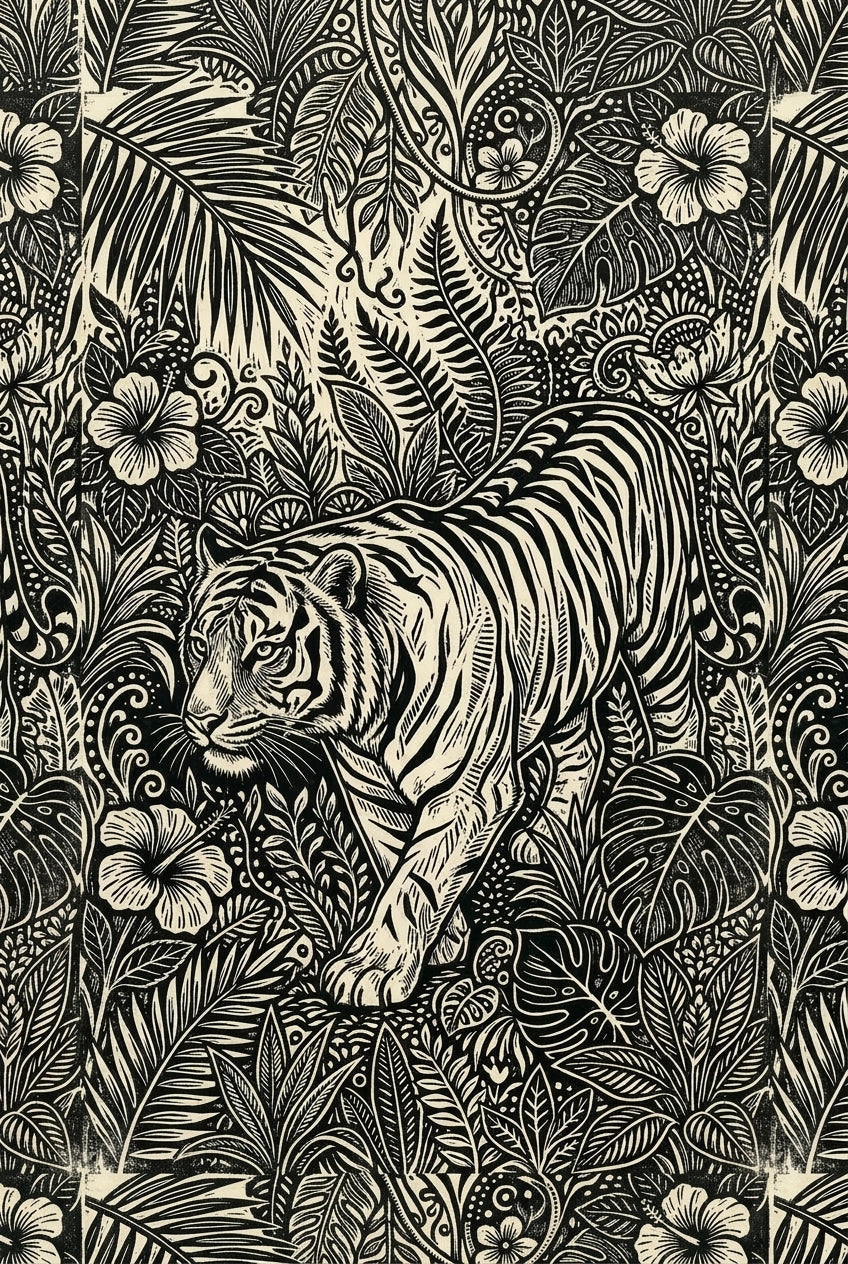 An intricate linocut print of a tiger prowling through dense jungle foliage, its striped body rendered in bold carved...