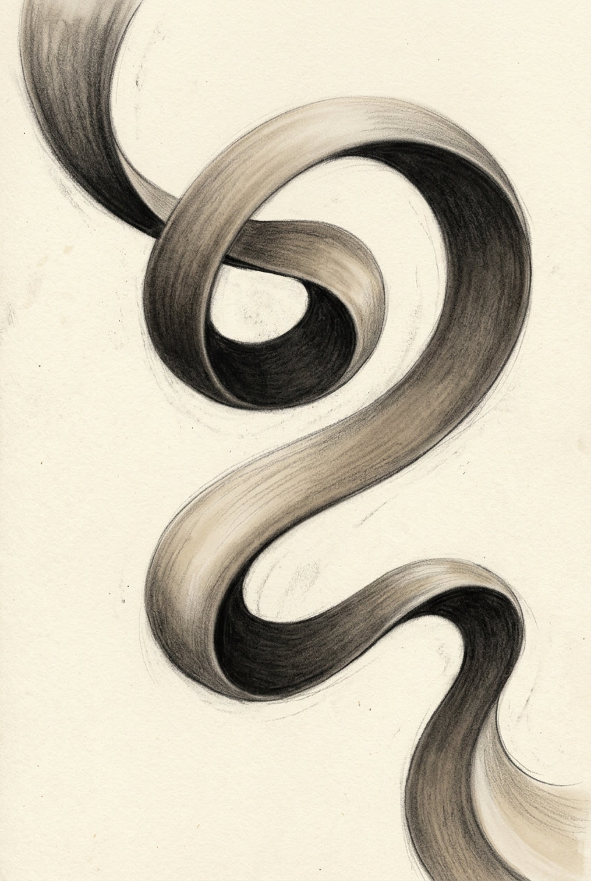 An abstract charcoal drawing: a single bold looping ribbon shape sweeping across the frame, rendered with soft graphi...