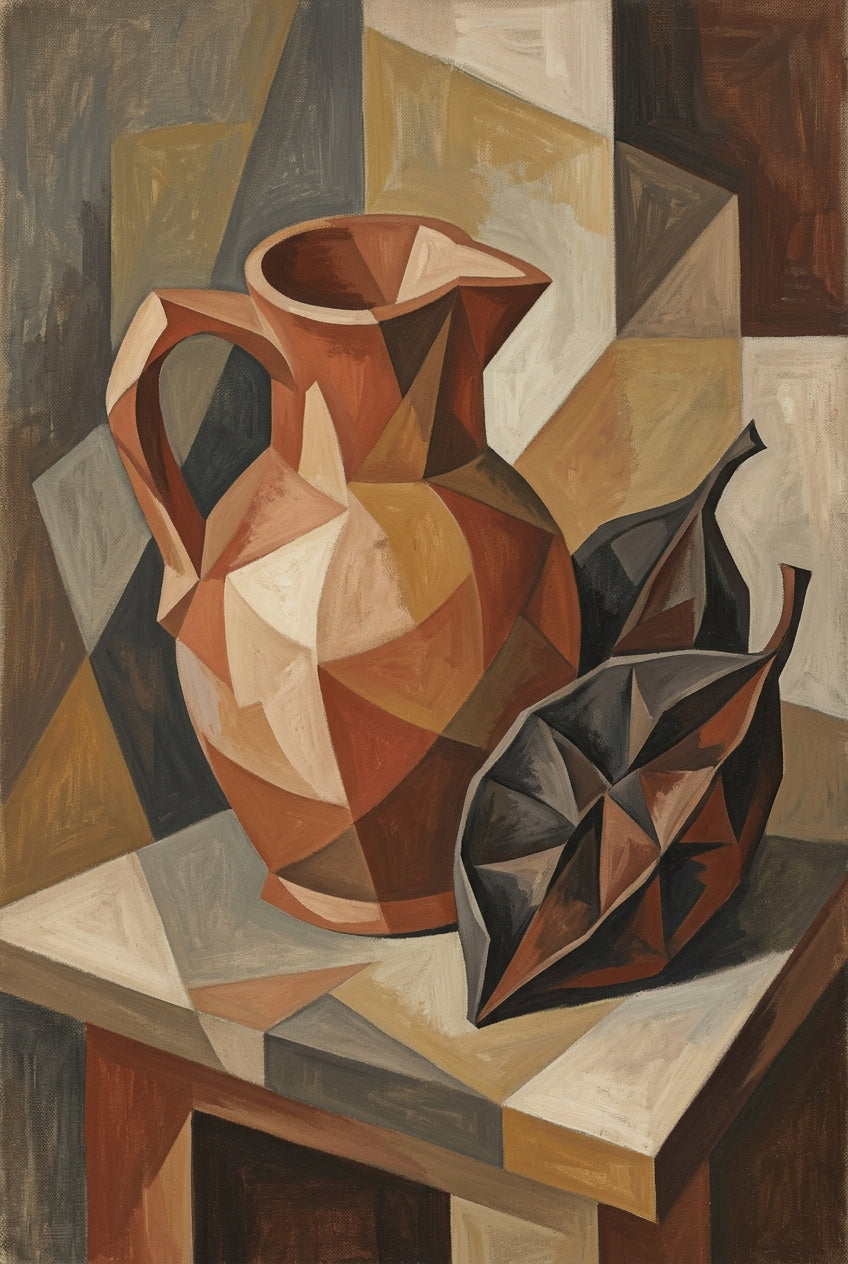 A cubist still life painted in matte earth tones: a large terracotta jug and two dark seed pods or leaves fragmented...