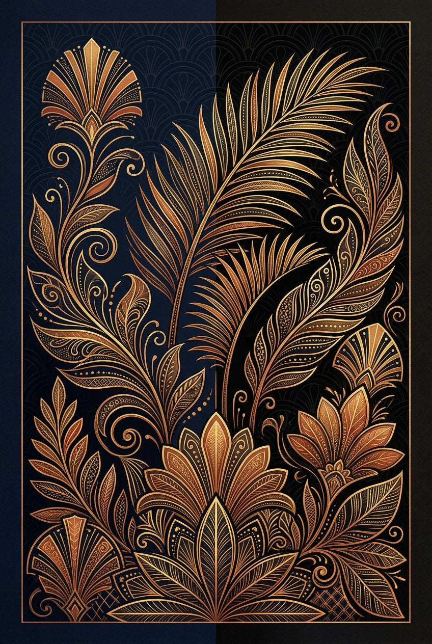 Affiche Art Déco dorée, poster plumes de paon