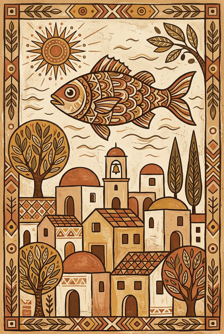 Affiche de village méditerranéen, poster poisson