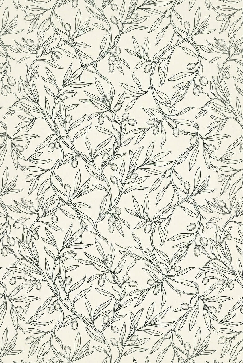 A delicate all-over pattern of olive branches drawn in fine dark green outline only, the twisting stems, pointed leav...
