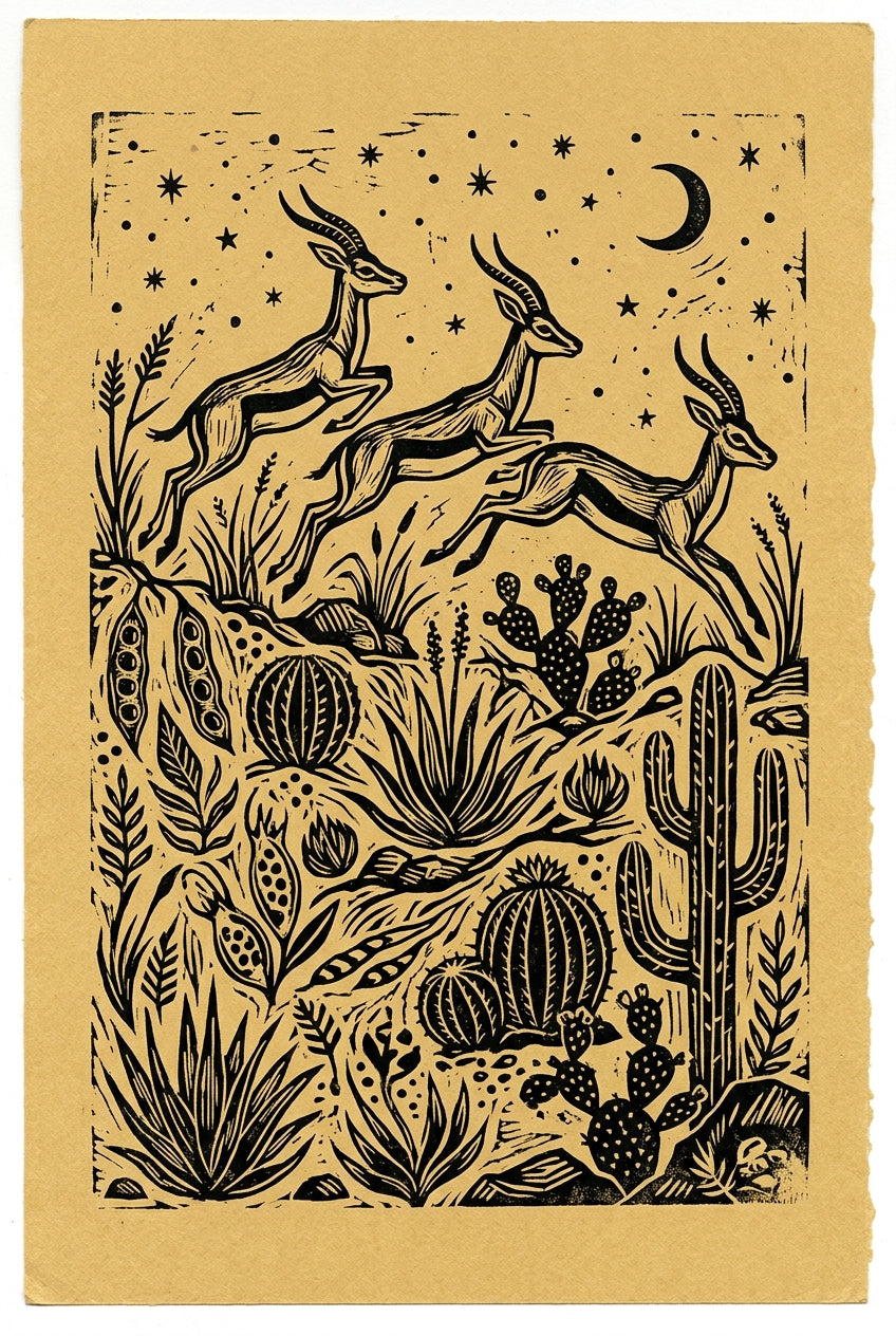 Affiche de Gazelles, poster linogravure désert