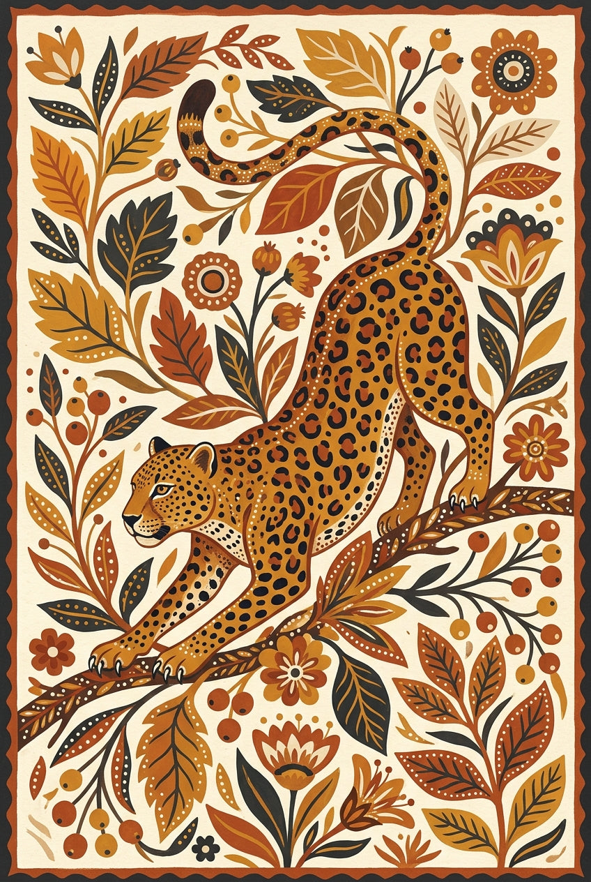 Affiche de léopard, poster fleurs automnales
