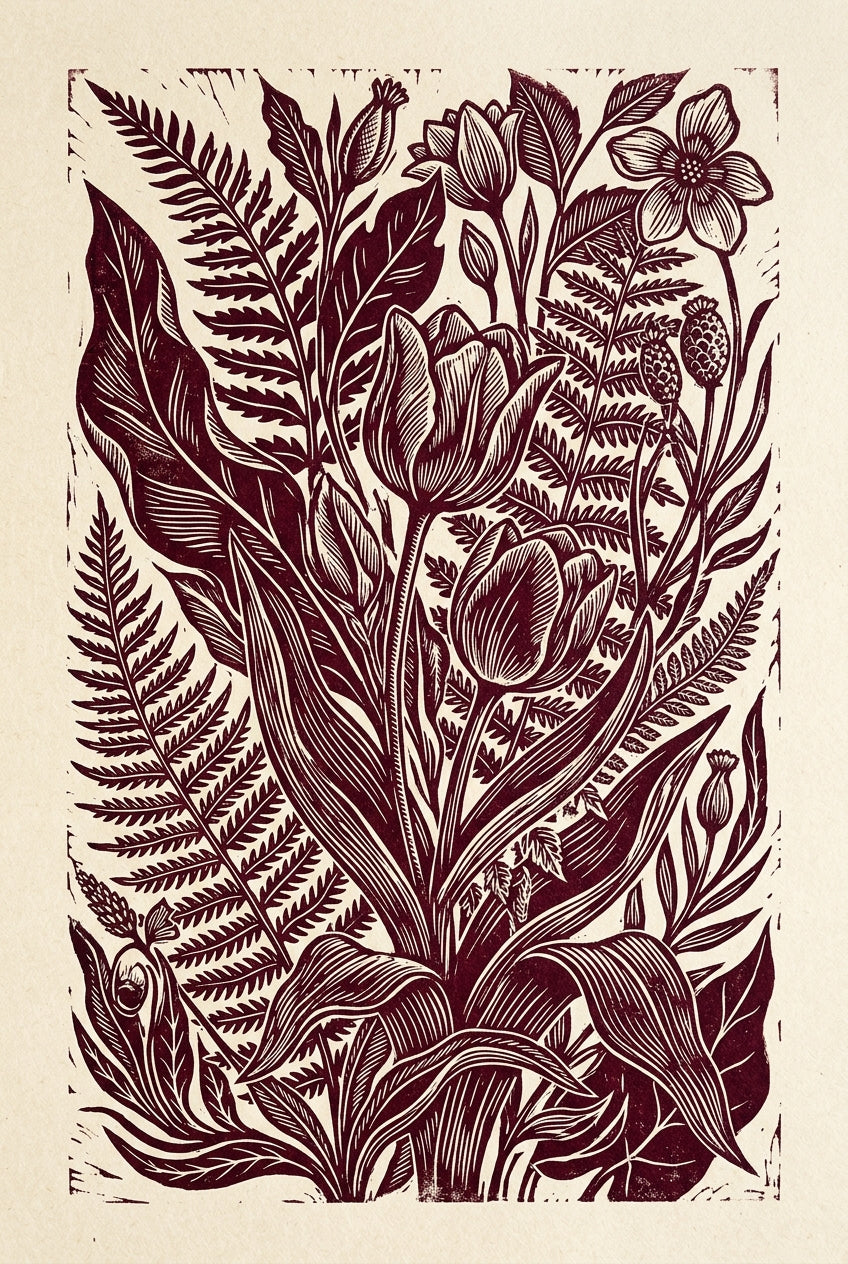 Affiche de linogravure botanique, poster fleurs et fougères