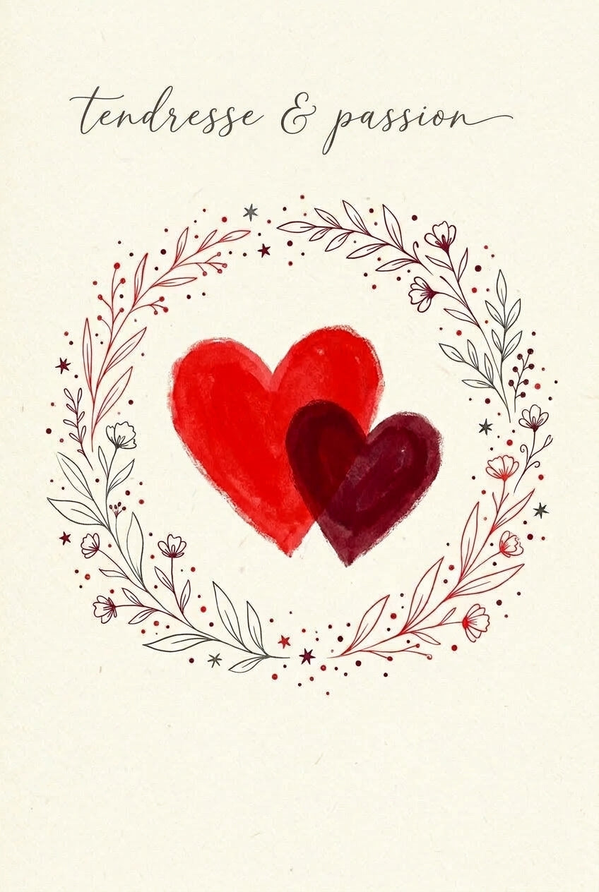 A romantic minimal poster: two overlapping hand-painted hearts in bright red and deep crimson at the centre of a warm...