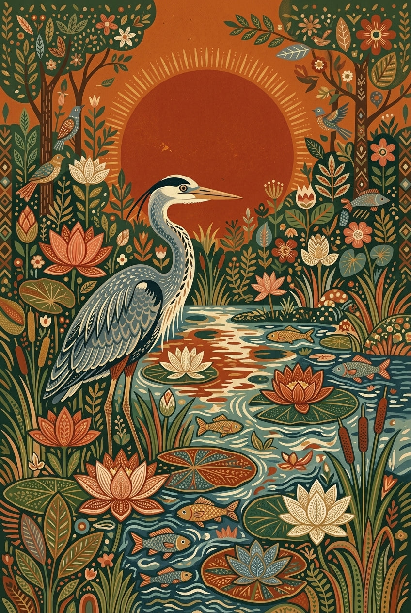 Affiche Héron cendré, poster fleurs de lotus