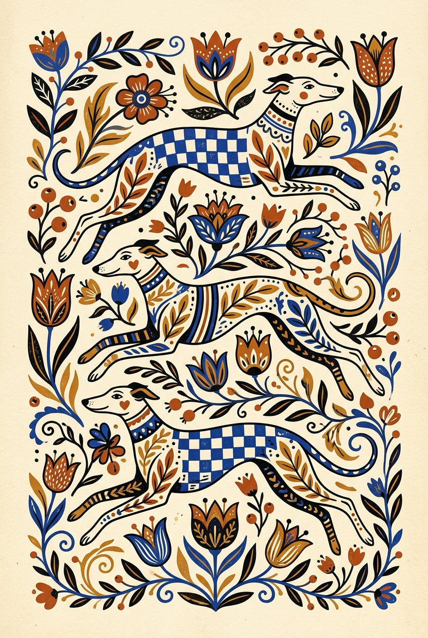 Poster de lévriers, illustration fleurs bleues
