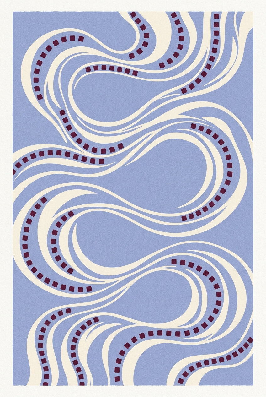 Affiche vagues abstraites, poster bleu et crème