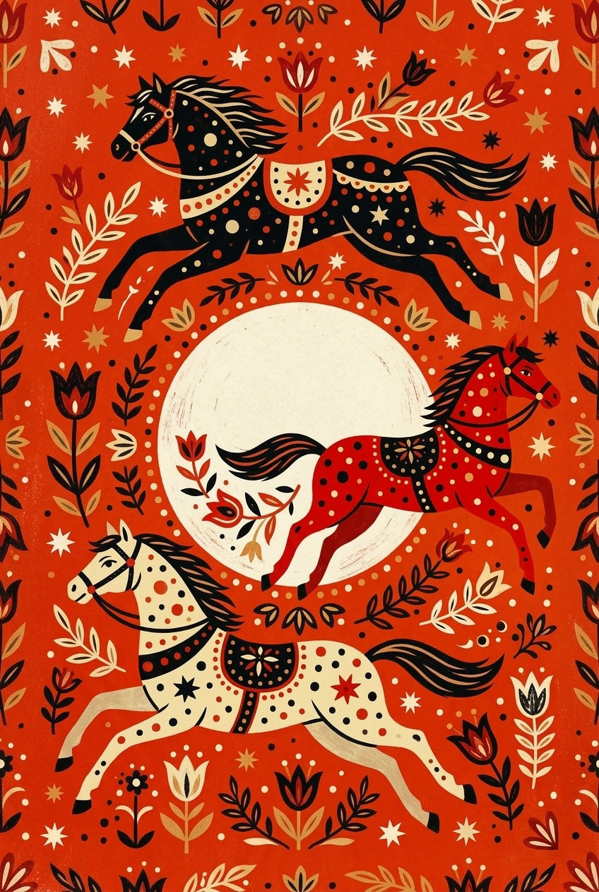 Affiche de chevaux folk, poster d'art scandinave