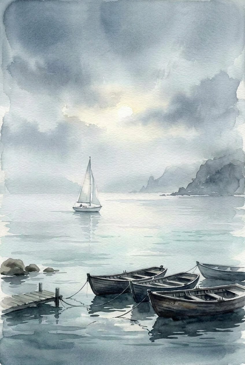 Affiche de voilier, poster aquarelle brumeuse