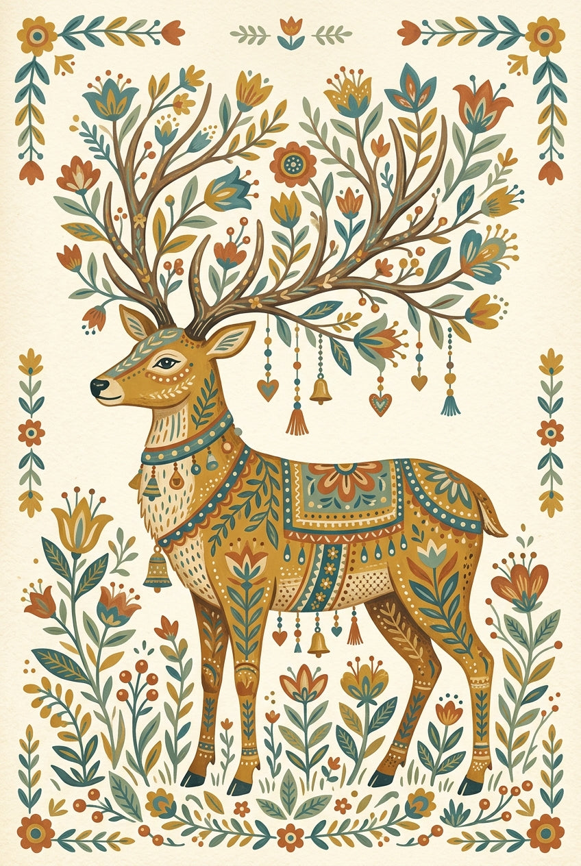 Affiche d'un cerf fleuri, poster folk scandinave