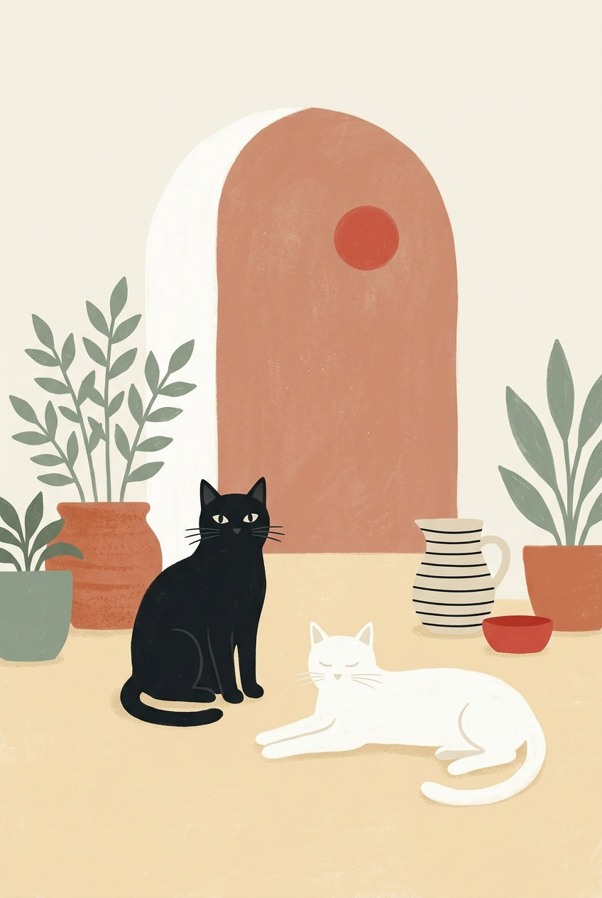 Affiche chats noir et blanc, poster terracotta