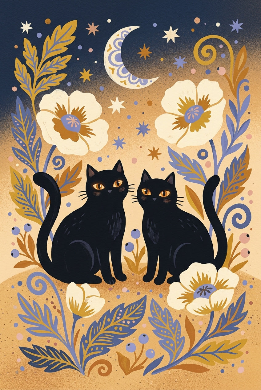 Affiche chats noirs, poster fleurs et lune