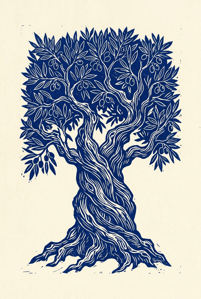Affiche d'olivier bleu, poster linogravure
