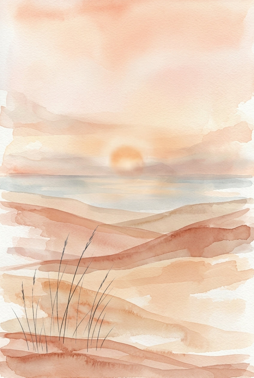 Poster paysage de dunes, aquarelle soleil