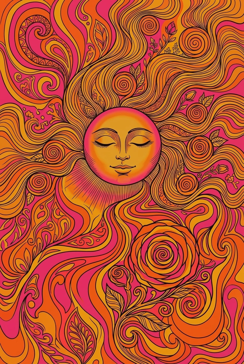 Affiche Soleil Psychédélique, poster vintage rose