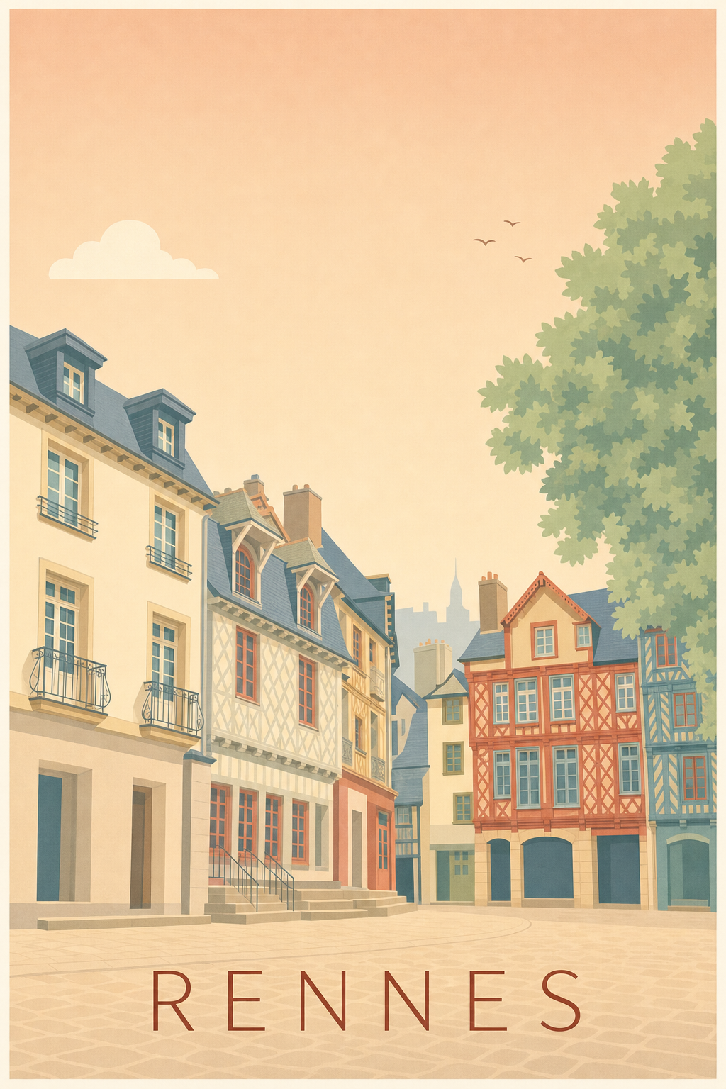 Affiche de Rennes, poster maisons à colombages