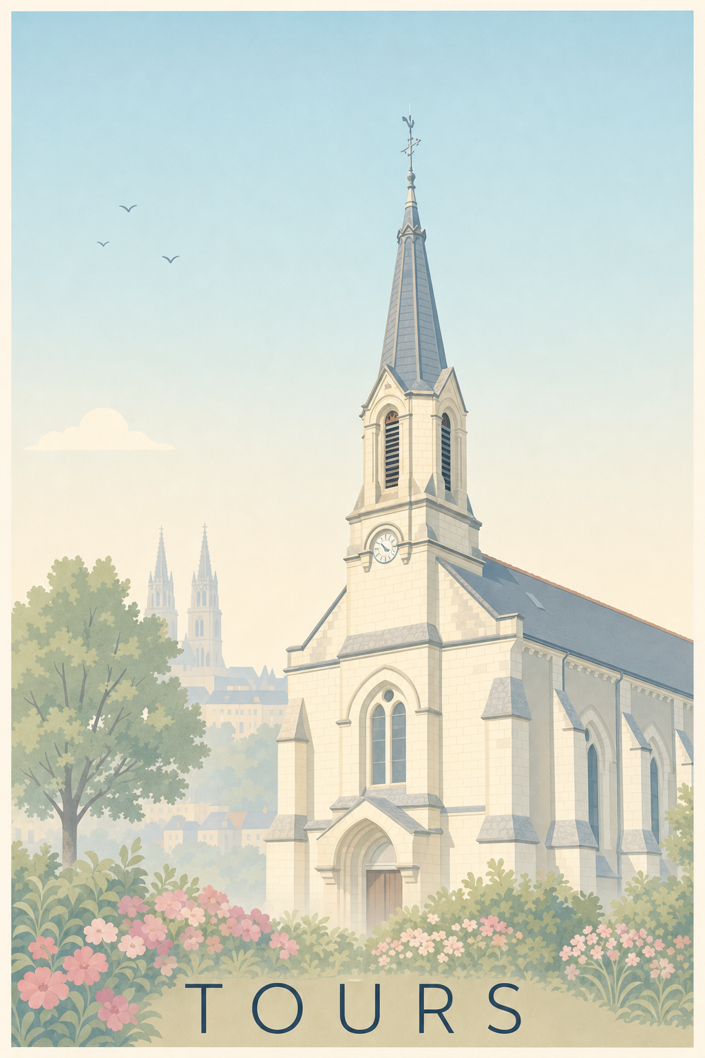 Affiche de Tours, poster clocher fleuri