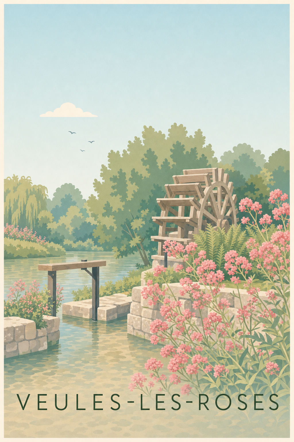 Affiche de Veules-les-Roses, poster moulin et fleurs