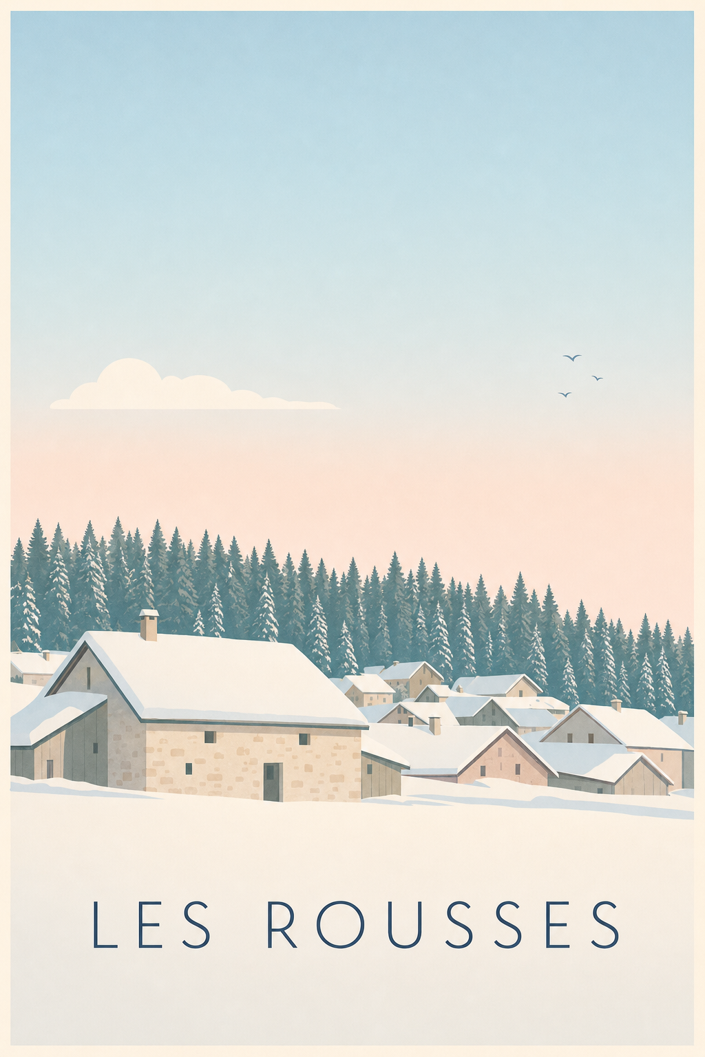 Affiche des Rousses, poster village enneigé
