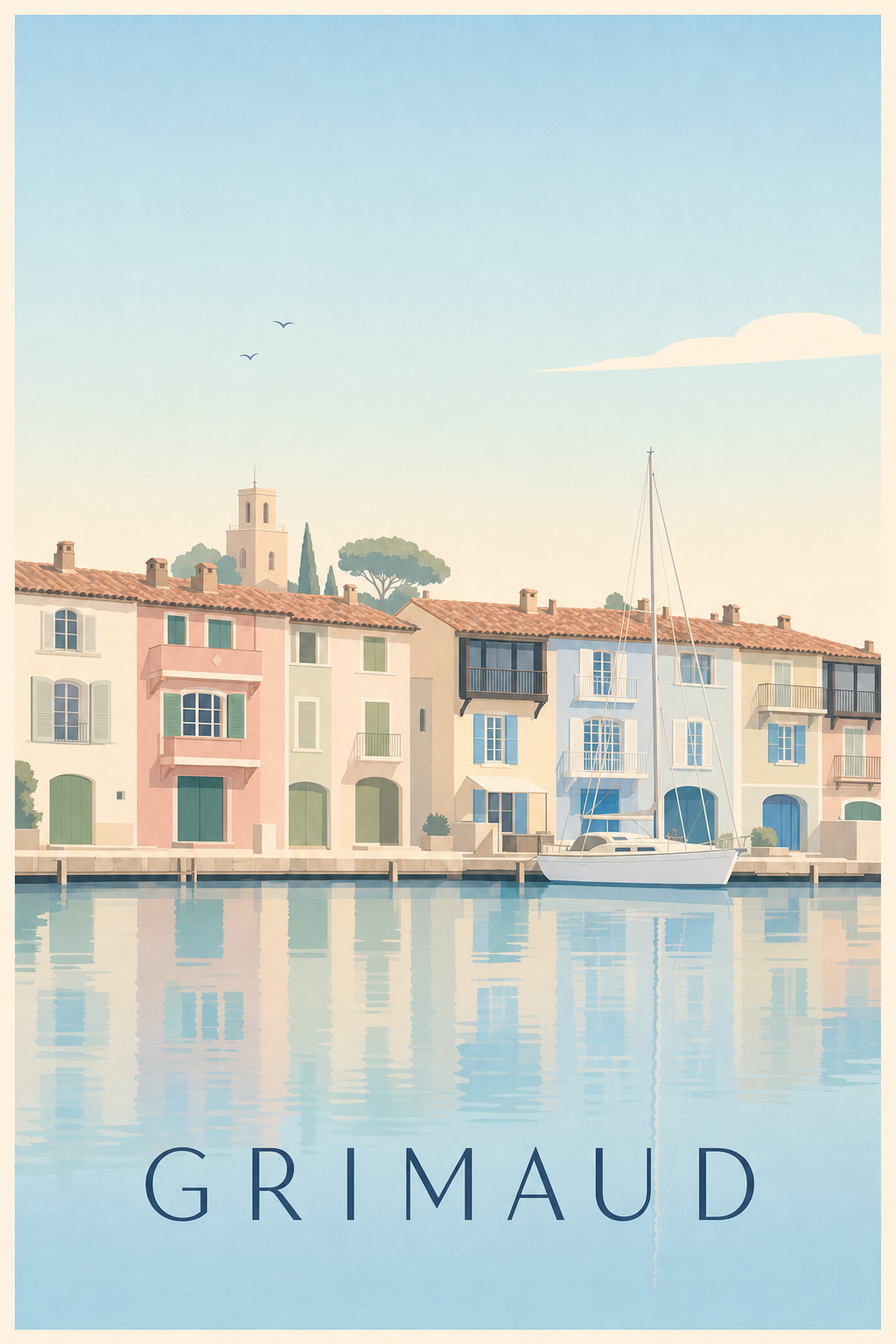 Affiche de Grimaud, poster maisons colorées