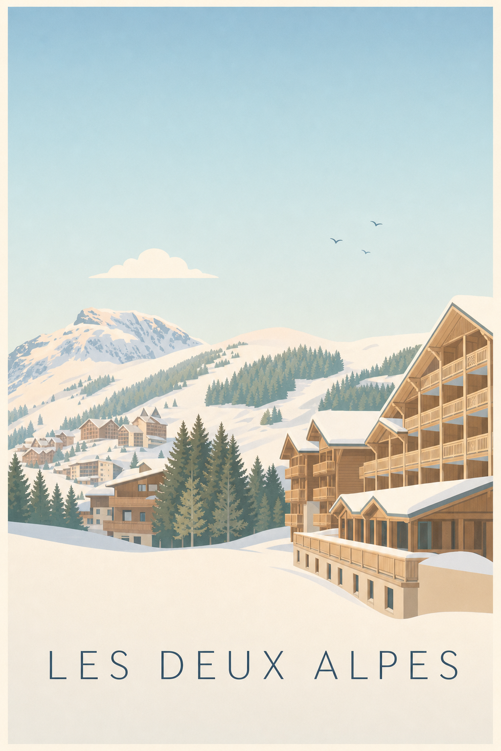 Affiche des Deux Alpes, poster chalets de bois