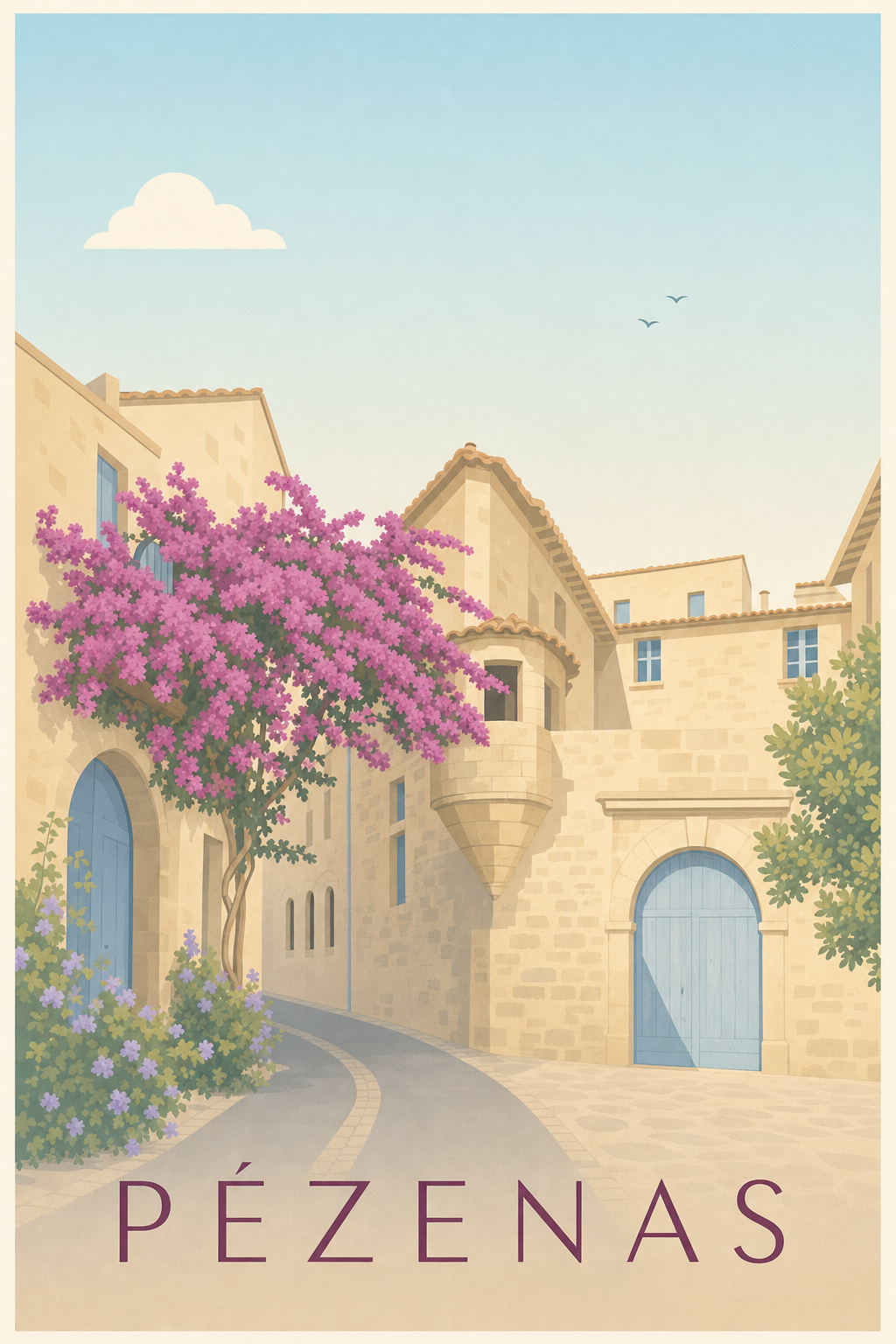 Affiche de Pézenas, poster ruelle fleurie