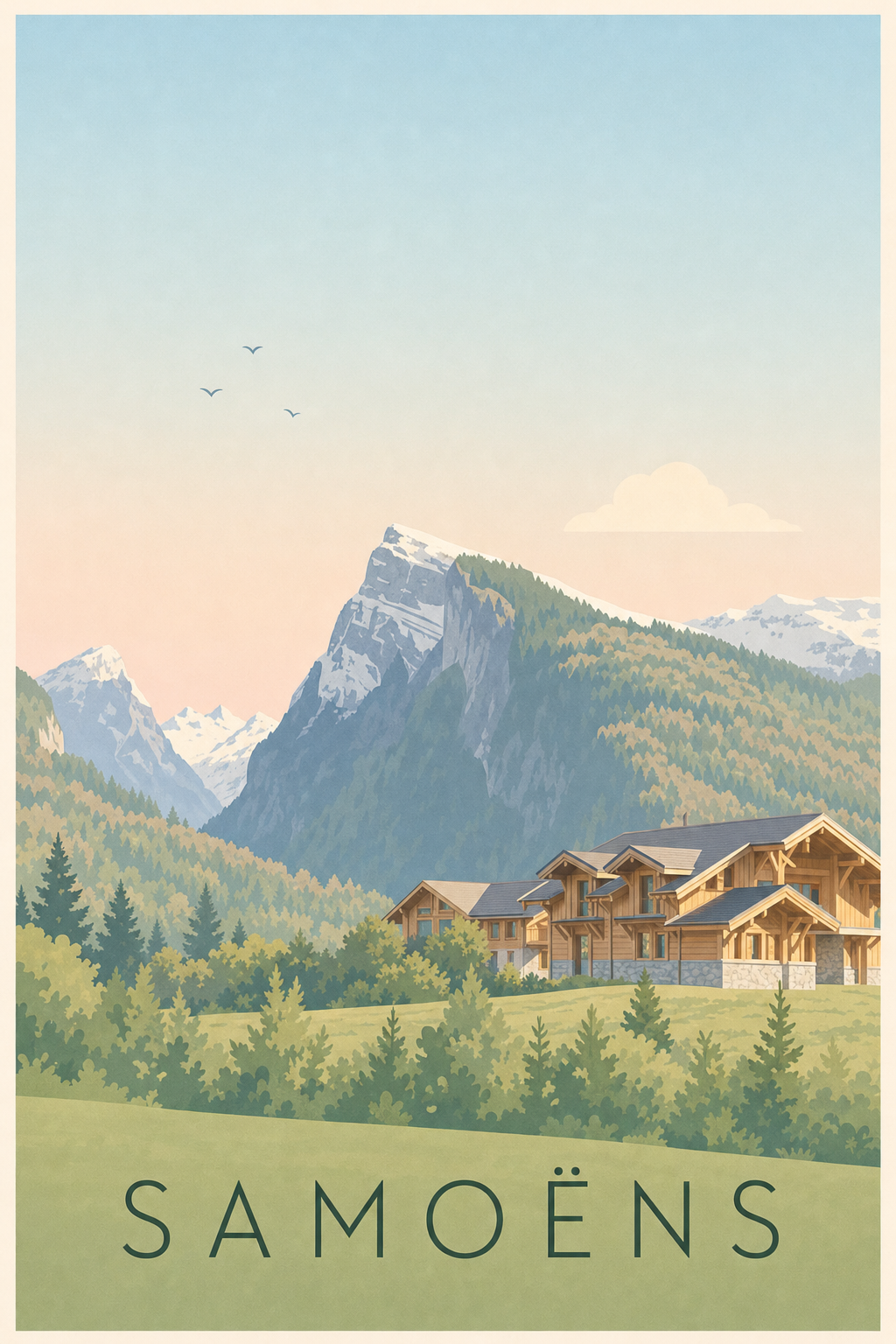 Affiche de Samoëns, poster chalet et montagnes
