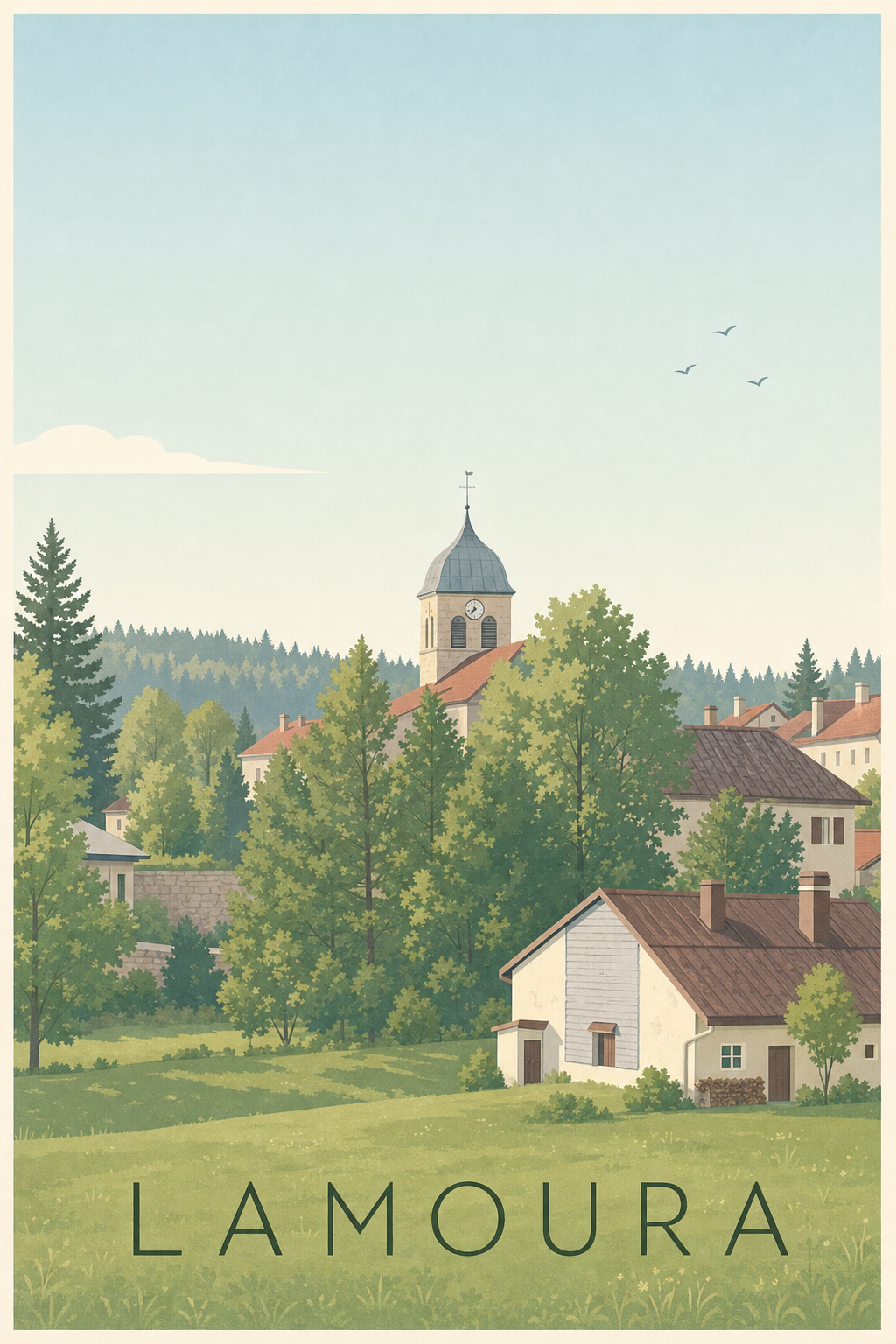 Affiche de Lamoura, poster clocher comtois