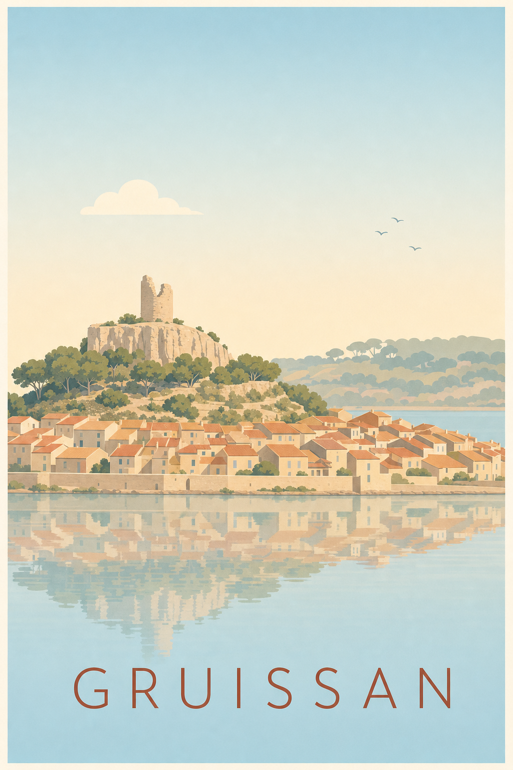 Affiche de Gruissan, poster village et étang