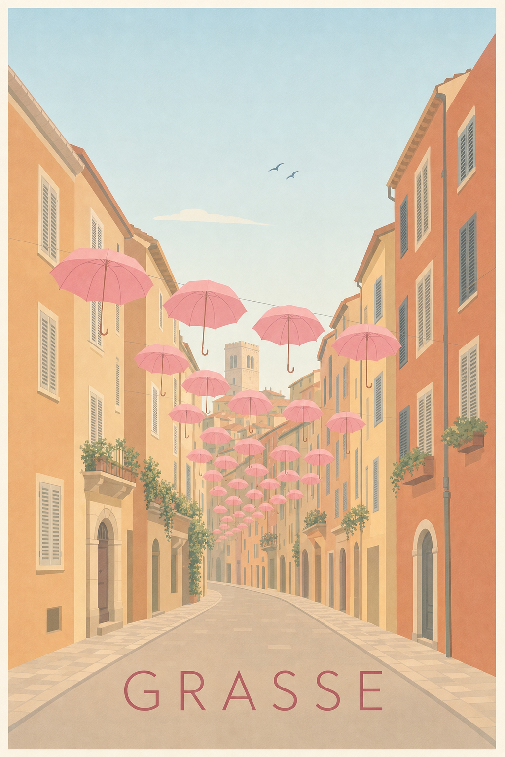 Affiche de Grasse, poster parapluies roses suspendus