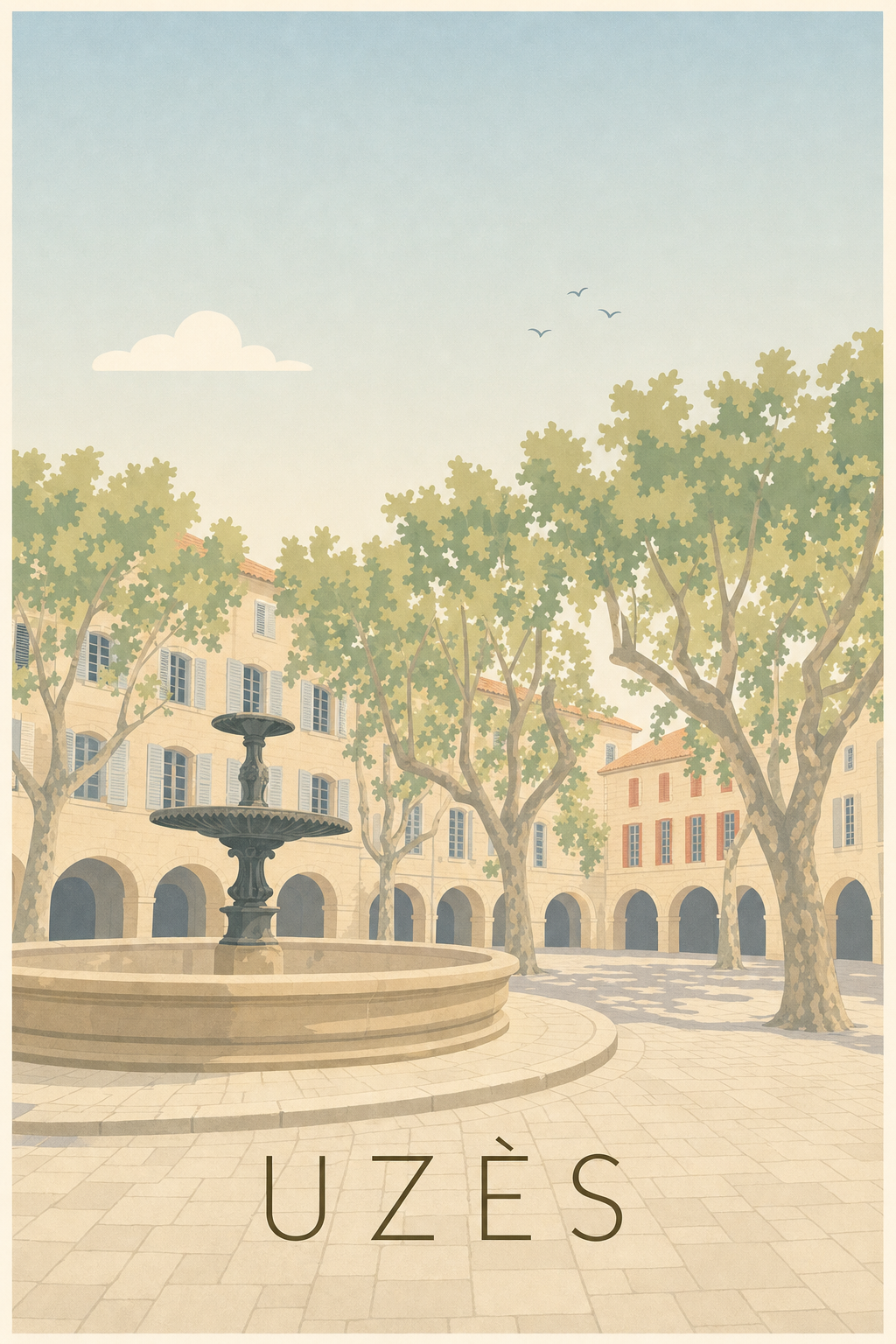Affiche d'Uzès, poster fontaine place aux Herbes
