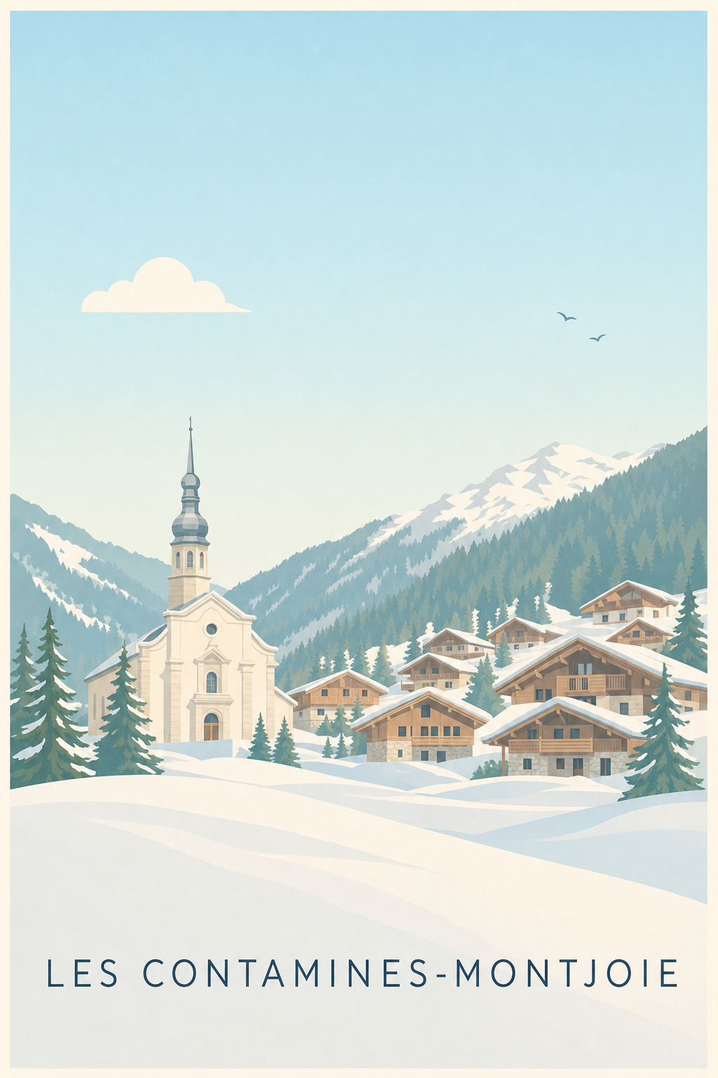 Affiche des Contamines-Montjoie, poster village enneigé