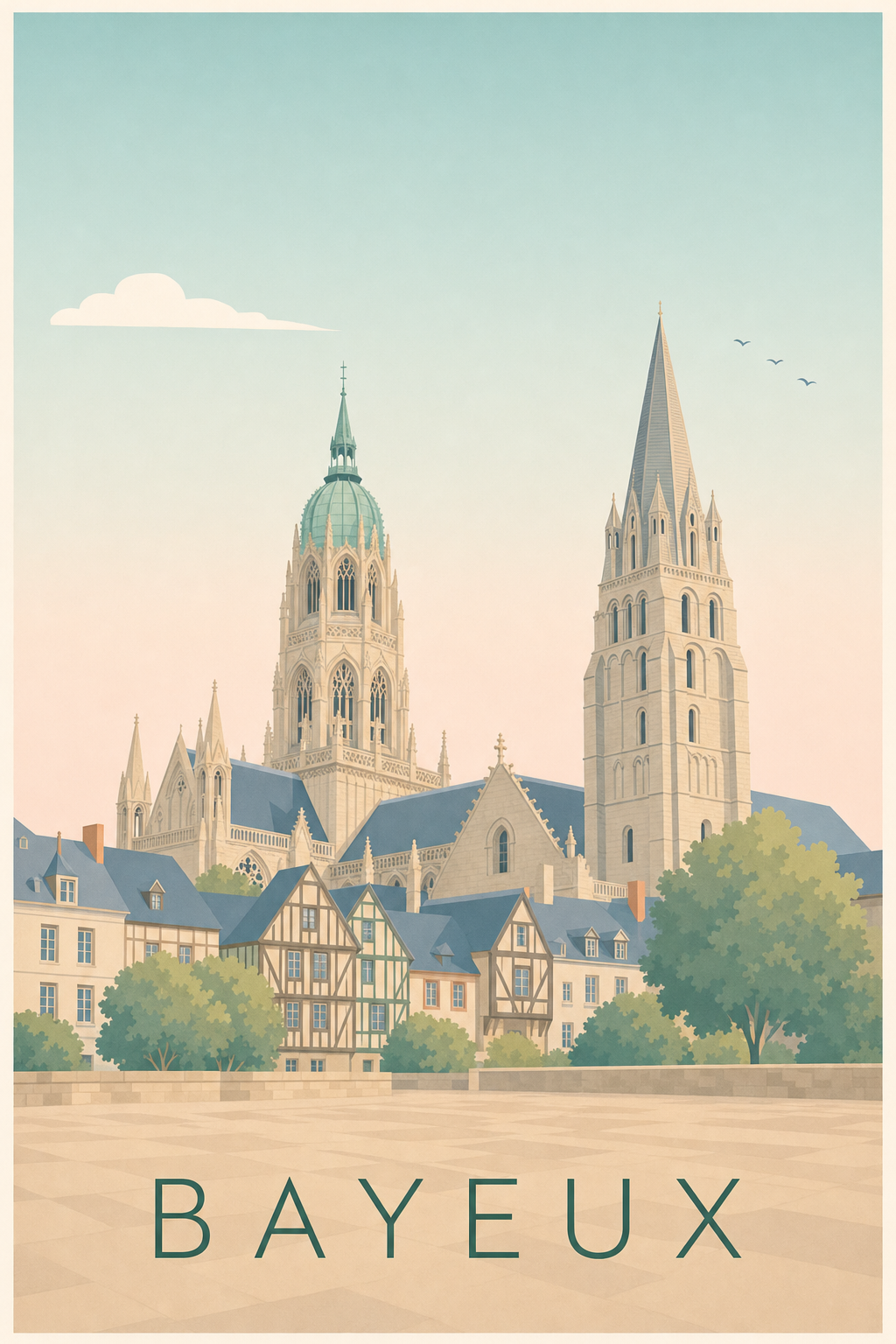 Affiche de Bayeux, poster maisons à colombages
