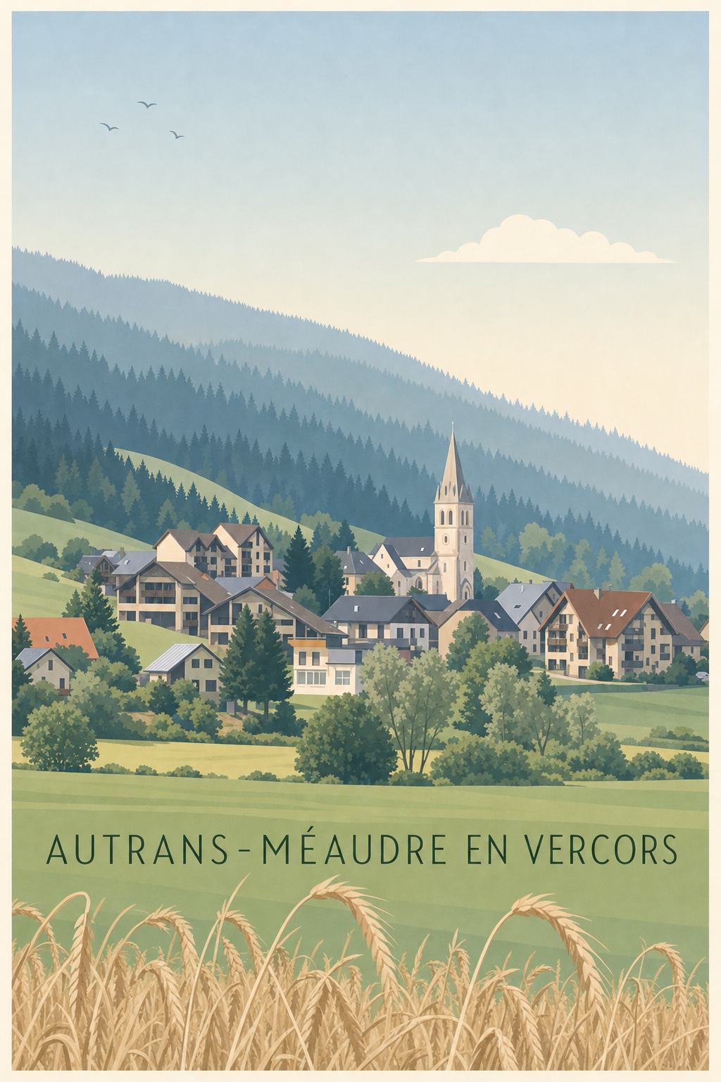 Affiche d'Autrans-Méaudre, poster clocher du Vercors