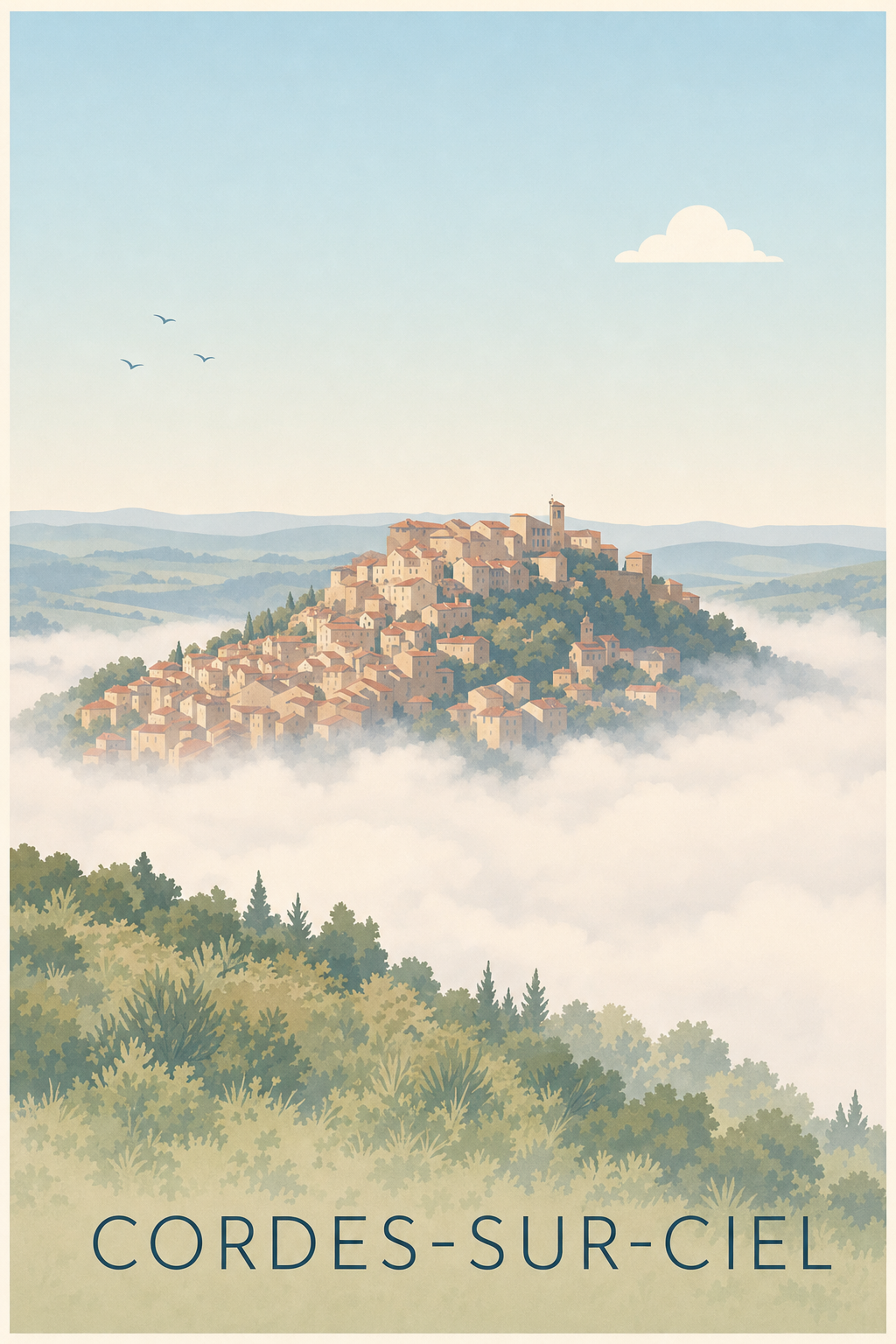 Poster de Cordes-sur-Ciel, village perché et nuages
