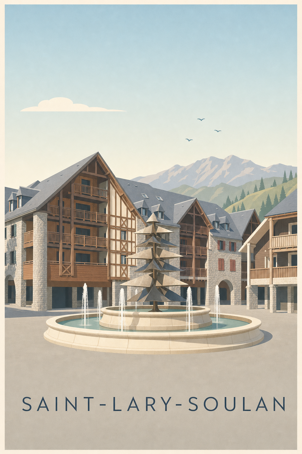 Affiche de Saint-Lary-Soulan, poster fontaine et chalets
