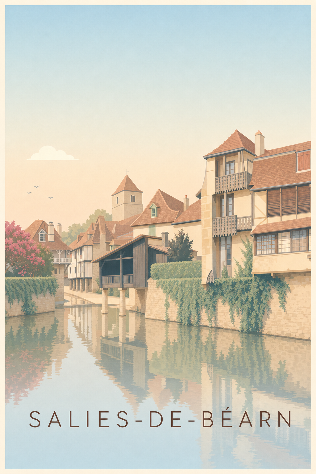Poster Salies-de-Béarn, affiche maisons sur pilotis