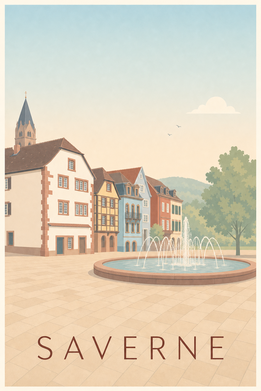 Affiche de Saverne, poster fontaine et maisons