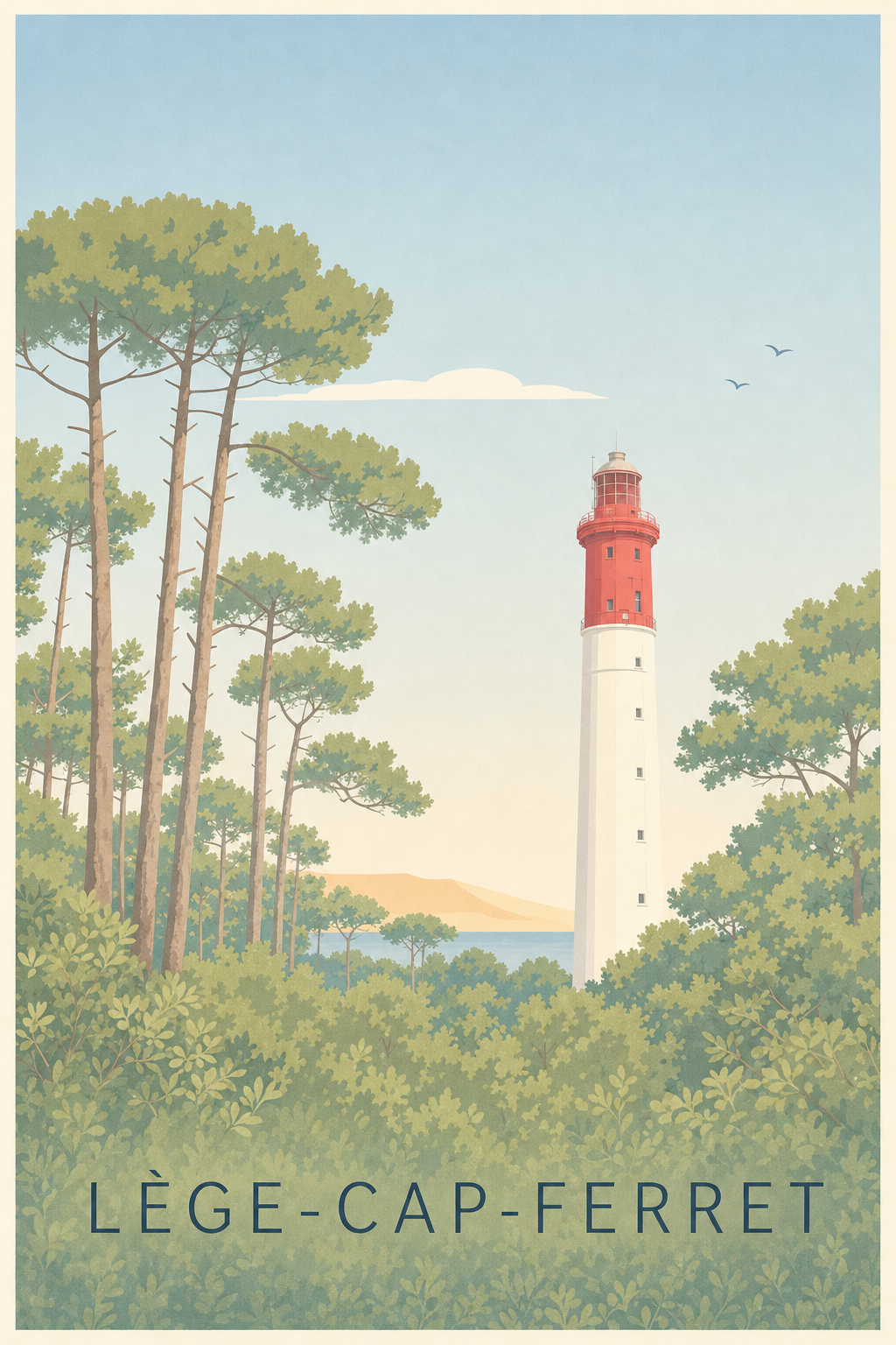 Affiche de Lège-Cap-Ferret, poster phare rouge et blanc