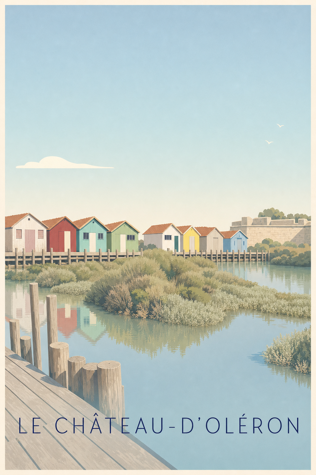 Affiche Le Château-d'Oléron, poster cabanes colorées