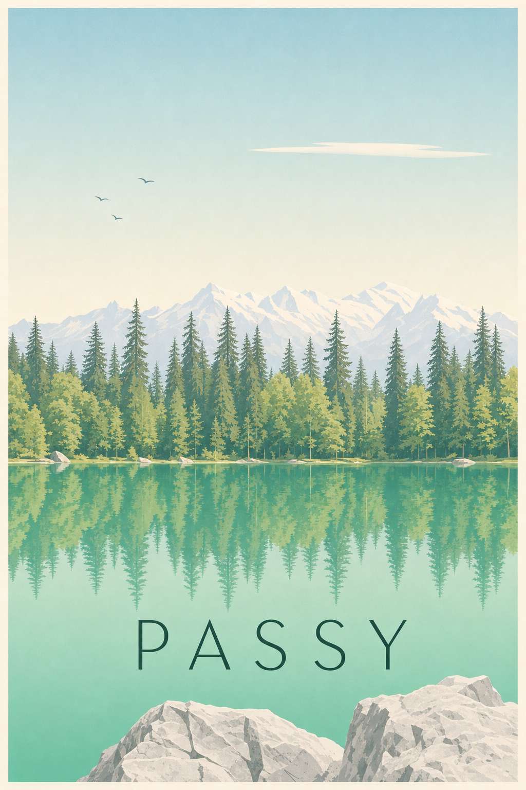 Affiche de Passy, poster du lac Vert et massif montagneux
