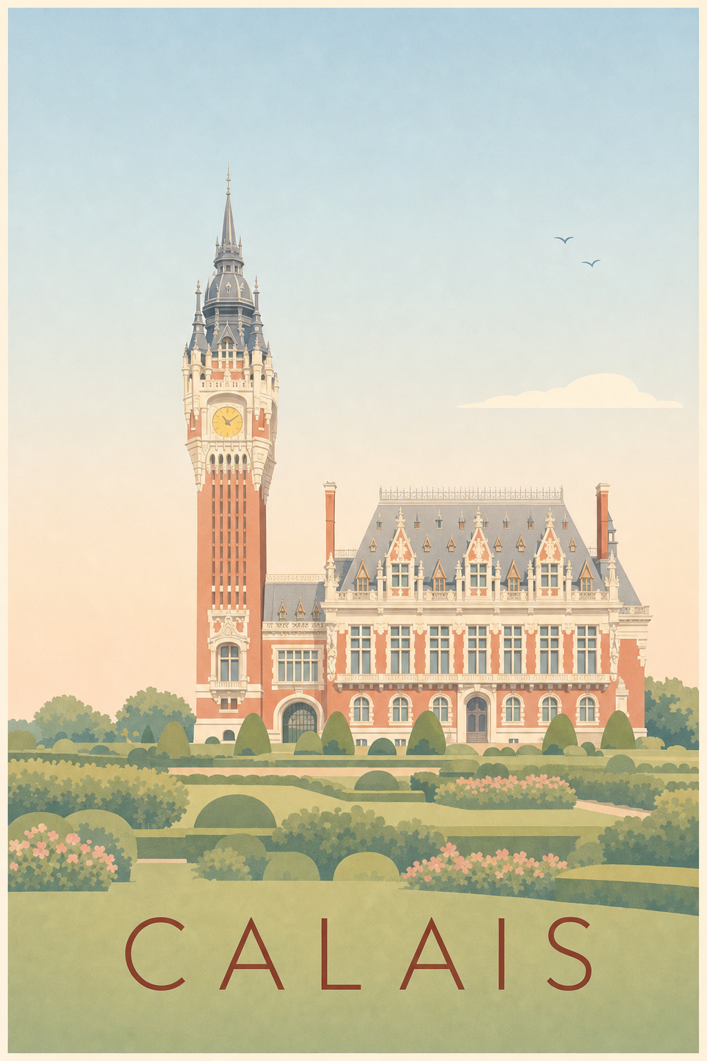 Affiche de Calais, poster beffroi et hôtel de ville