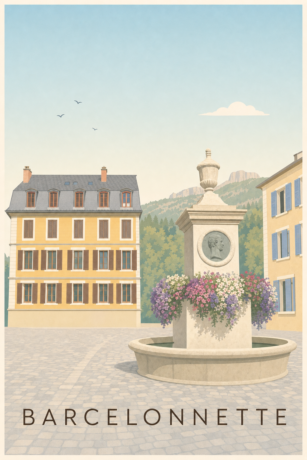 Affiche Barcelonnette, poster fontaine et montagnes