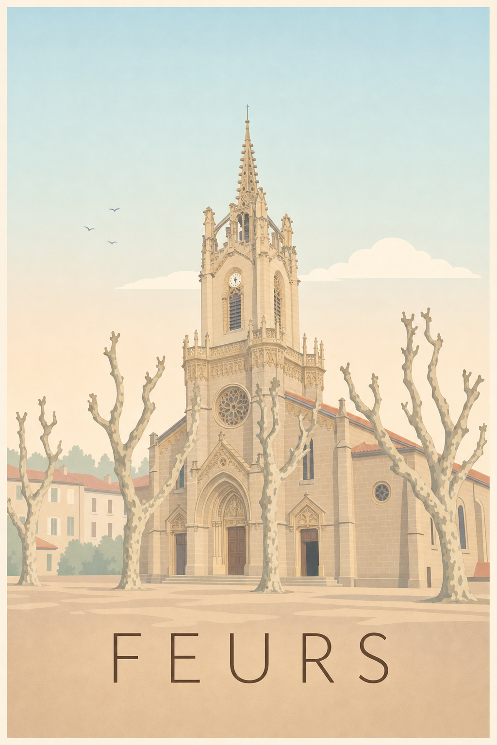 Affiche de Feurs, poster église et platanes