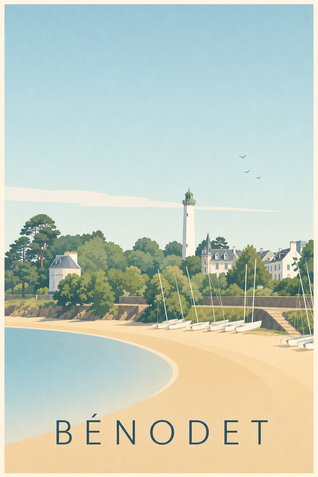 Affiche de Bénodet, poster plage et phare du Coq